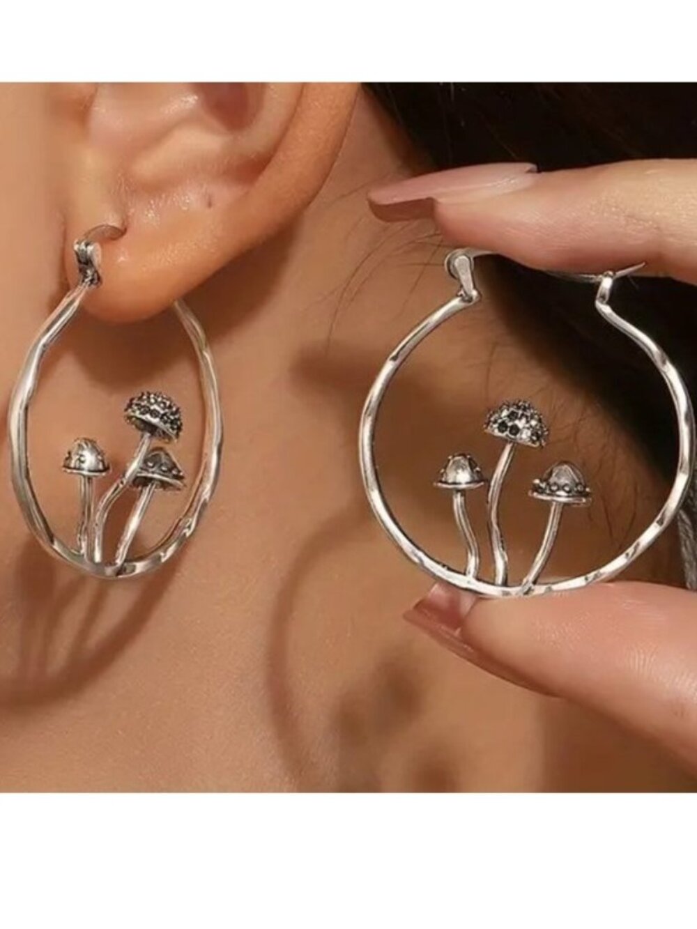 Mushroom Earrings Hoop 3D Silver Boho Alice Wonderland Trippy Stylish Hippie Fun